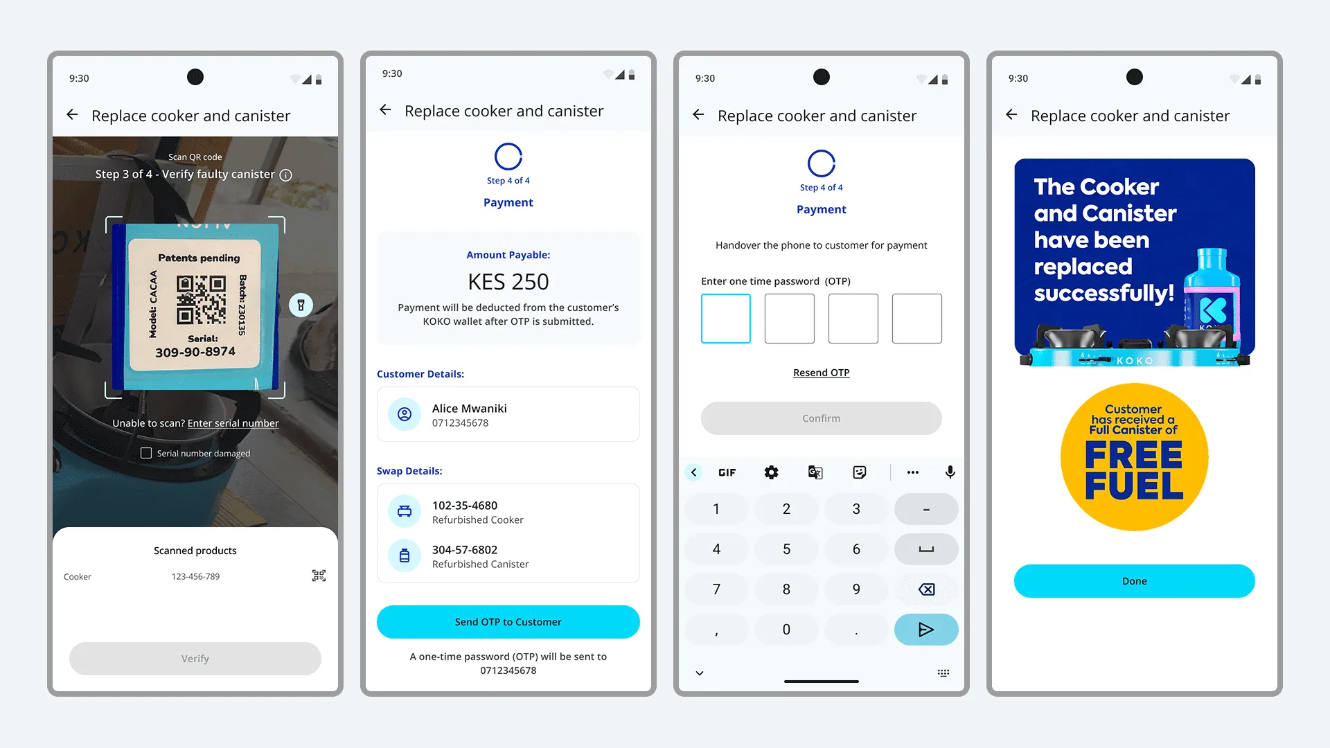 Four Agent App screens: scanning the QR code, payment of KES 250, entering the one-time password to consent, and the swap completed with a free fuel offer.