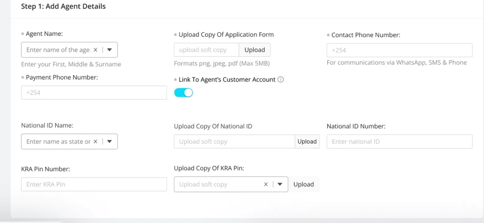 Step 1 of the Add Agent flow: agent name, application form upload, contact and payment phone numbers, a toggle to link the agent’s customer account, national ID and KRA PIN fields, all built from Maridadi components.